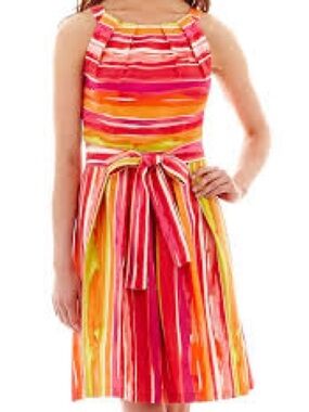 Chetta B Striped Midi Dress - Pink, Orange, Yellow, White